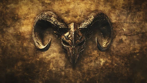 Metallic ram skull emblem on distressed golden backdrop.