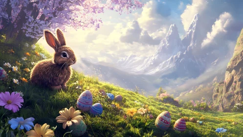 Rabbit among decorated eggs in a sunlit mountain meadow.