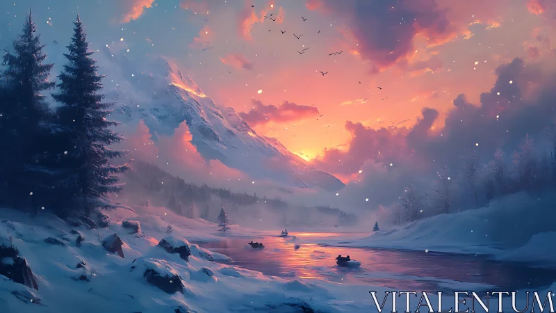 Winter alpine river at dusk under glowing magenta sky.