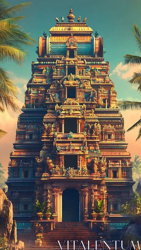 Golden stepped temple tower under tropical sunset sky.