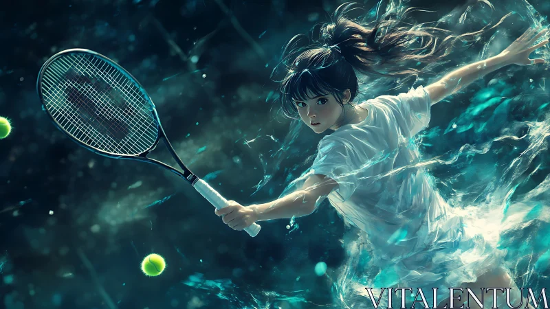 Intense anime tennis player in dynamic aquatic action scene.