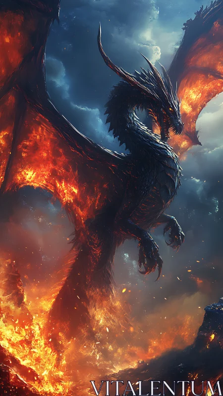 Inferno-winged dragon crowned in stormlit volcanic fire.