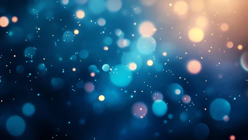 Soft blue and gold bokeh lights abstract background, digital art.