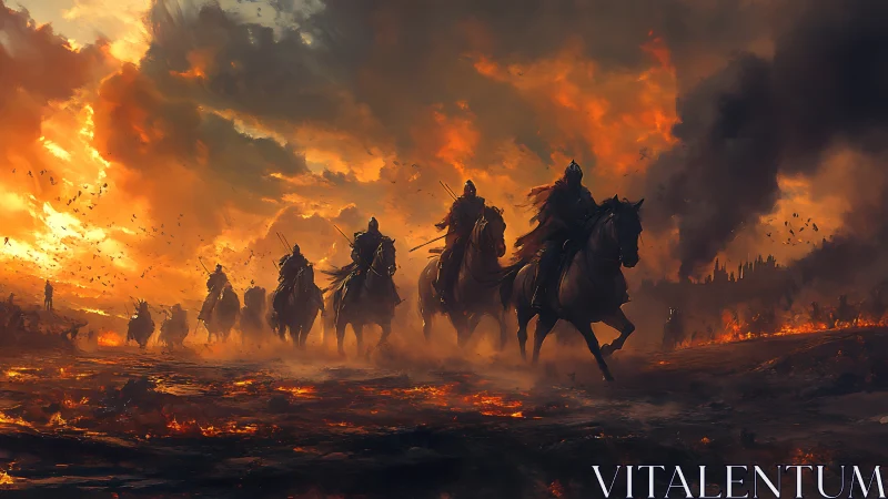 Armored riders charge through apocalyptic burning battlefield.