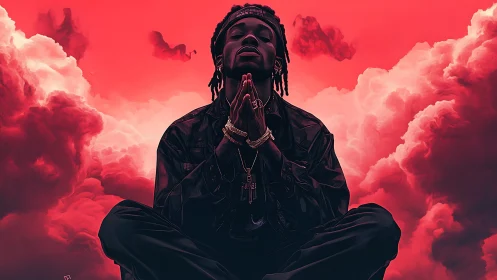 Praying figure meditates within crimson storm clouds