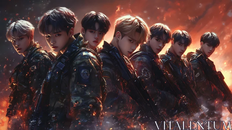 Elite tactical squad stands amid burning embers at dusk.