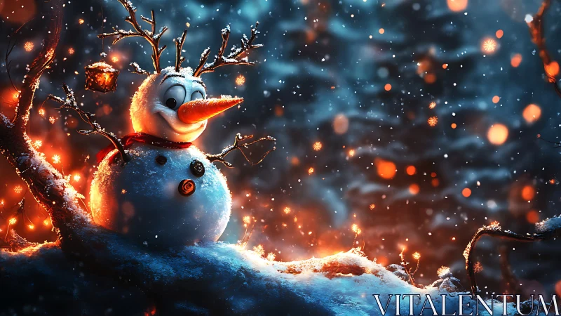Whimsical snowman glows amid fiery winter bokeh lights.