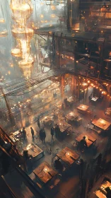 Futuristic industrial hall with warm lit dining tables.