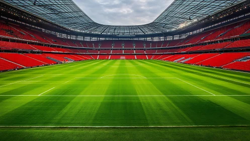 Modern enclosed football stadium with empty red seating.