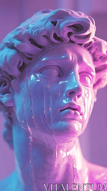 Neon lit classical bust with glossy melting surface effect