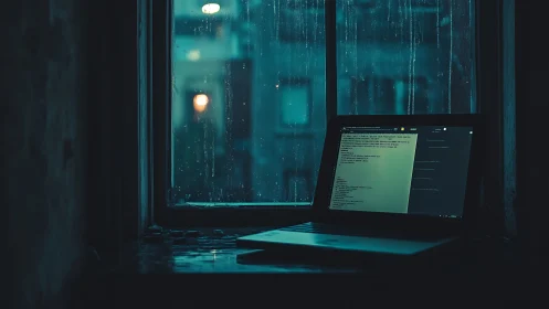 Rainy night coding nook by a softly glowing window.