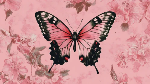 Detailed pink swallowtail butterfly over floral illustration