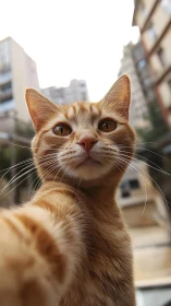 Ginger feline portrait captures direct gaze amid urban rooftop backdrop