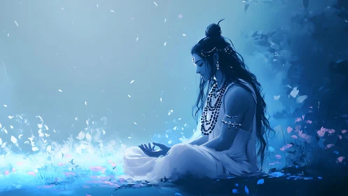 Seated blue-skinned figure in profile observes glowing ground