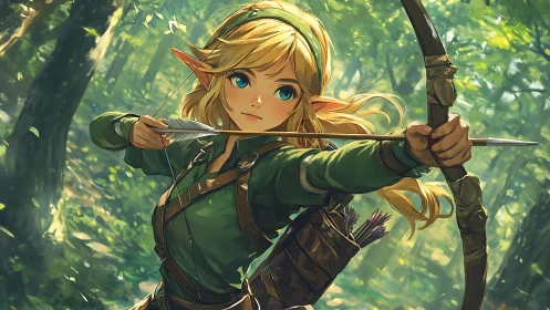 Elf archer draws bow in sunlit forest, dynamic green palette.