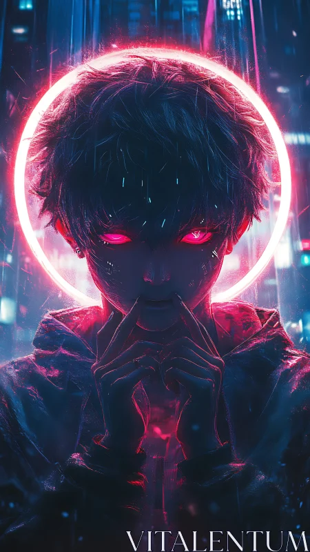 Neon-lit cyber youth quietly glows under a radiant halo