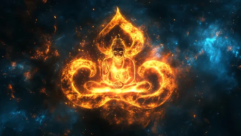 Fiery meditative Buddha glows against a cosmic night sky