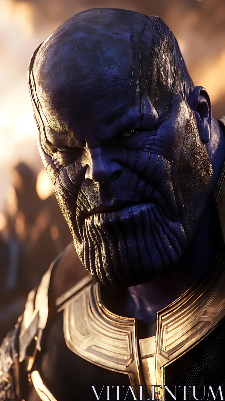 3D armored titan portrait under dramatic warm light.