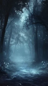 Misty Forest Path with Ethereal Blue Luminescence.