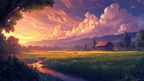 Atmospheric sunset over agrarian valley with cottage and creek.