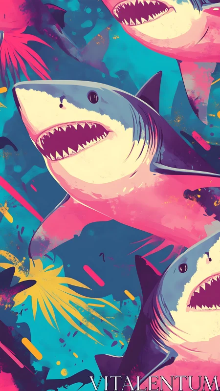 Bold neon sharks slice through splashes of wild ocean color