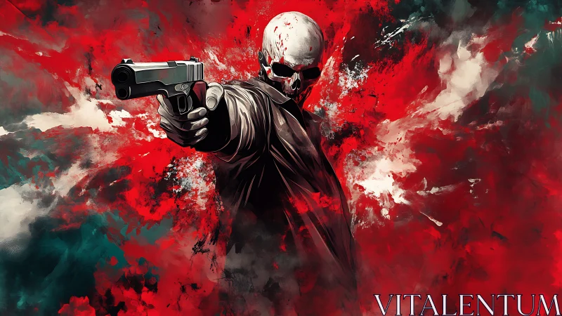 Skull masked gunman in red abstract digital backdrop.