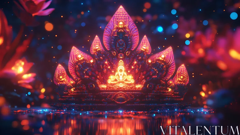 Luminous lotus shrine glows in a tranquil neon dreamscape