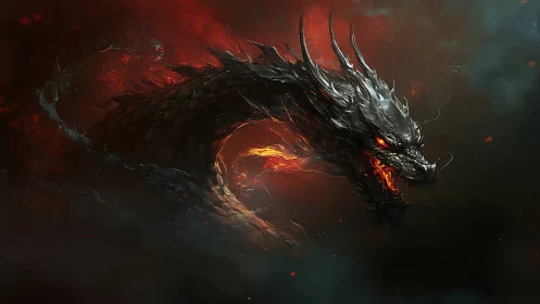 Draconic head with molten core in dark smoke field.