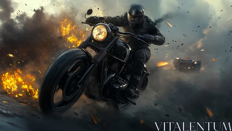 Roaring motorcycle rider cuts through smoke, fire, and flying debris