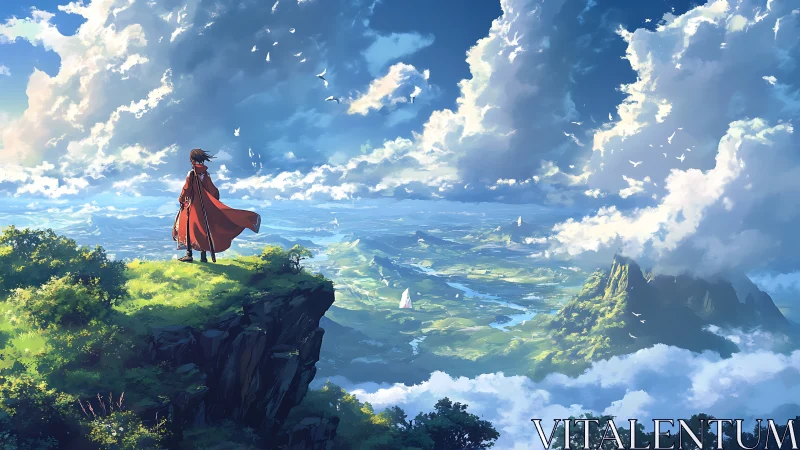 Solitary cloaked figure surveys expansive valley under dynamic clouds