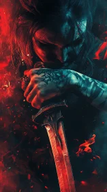 Vengeful warrior in emberlit shadows gripping a blooded blade.