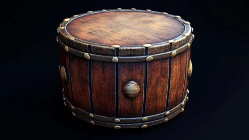 Cylindrical wooden drum asset with riveted trim detailing.
