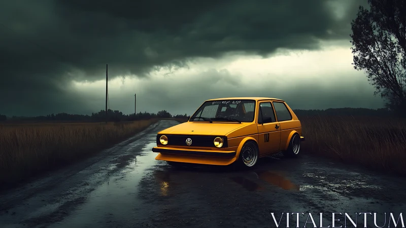 Yellow Volkswagen hatchback on wet rural road at dusk.