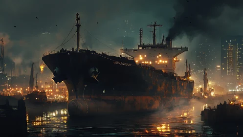 Harbor titan drifts through ember fog and neon rainlight