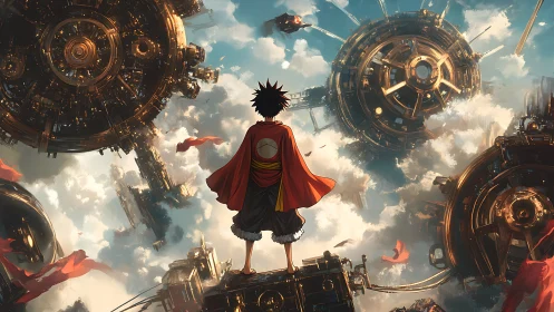 Skybound wanderer surveying colossal clockwork orbs.