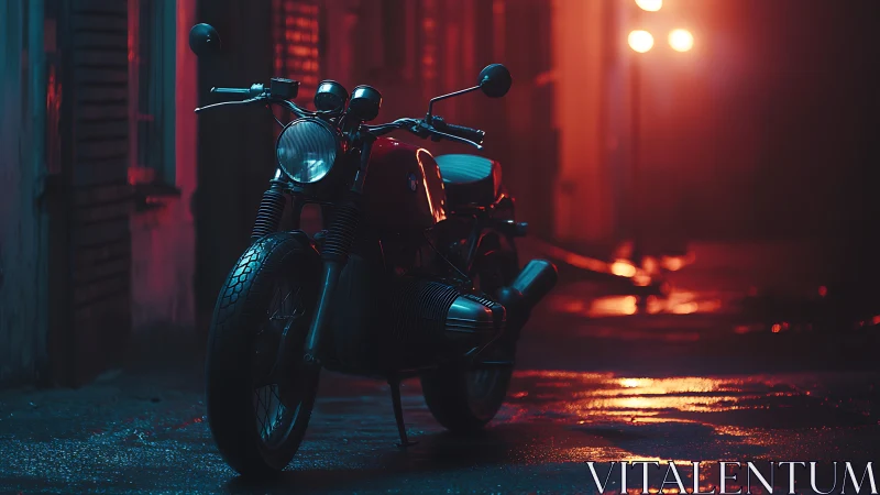 Midnight motorcycle waiting quietly under neon glow.