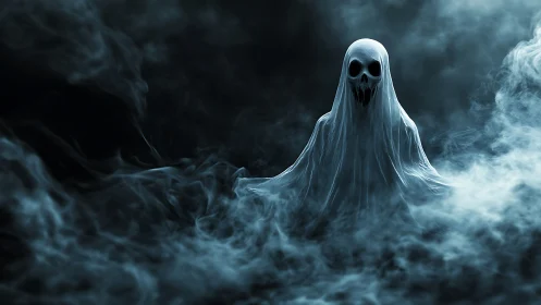 Ghostly wraith rises from swirling mist in eerie darkness.