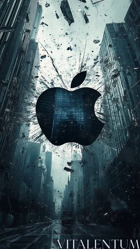 Monochrome city canyon with central floating apple emblem.