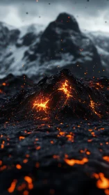Thermal lava flow with incandescent cracks dispersing luminous particles across volcanic terrain
