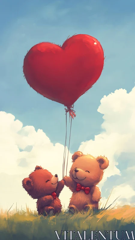 Two Teddy Bears with Red Heart Balloon in Pastoral Landscape Setting