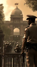 Photorealistic police guard before domed civic gateway at dusk.