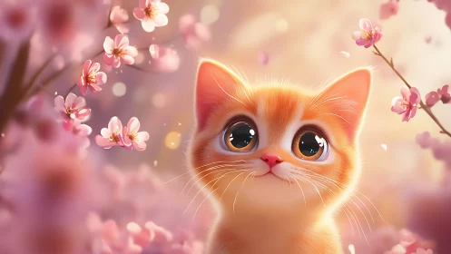 Adorable Orange Kitten Among Cherry Blossoms.