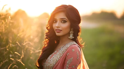 Woman in embellished saree stands in backlit outdoor field