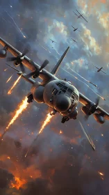 Military cargo aircraft executing flare deployment in active combat.