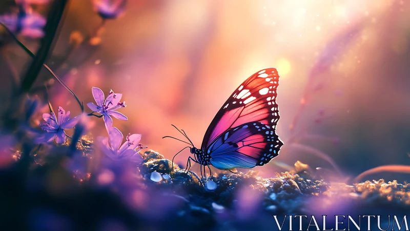 Iridescent butterfly poised in ethereal twilight garden.