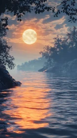 Full moon over misty river with glowing water reflection.