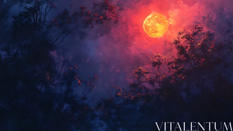 Digital painting of crimson moon over nocturnal forest canopy.
