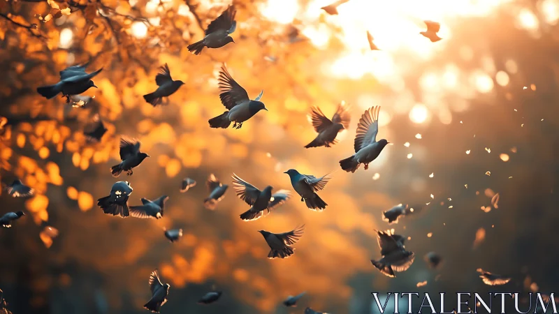 Autumn flock of birds crossing glowing golden forest light.