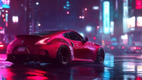 Neon city rain cradles a sleek red sports car in motion