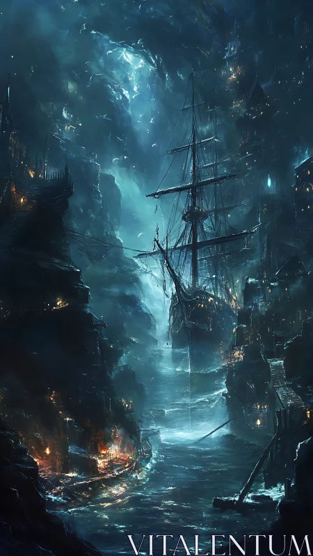 Tall masted ship occupies narrow cove between dark rocky cliffs